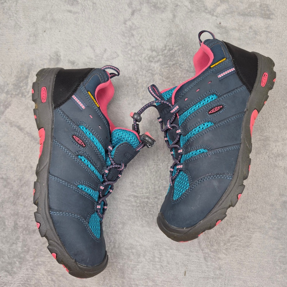 Keen 6 Youth Waterproof Hiking Shoes Navy Blue Teal Pink Bungee Lace 1013638